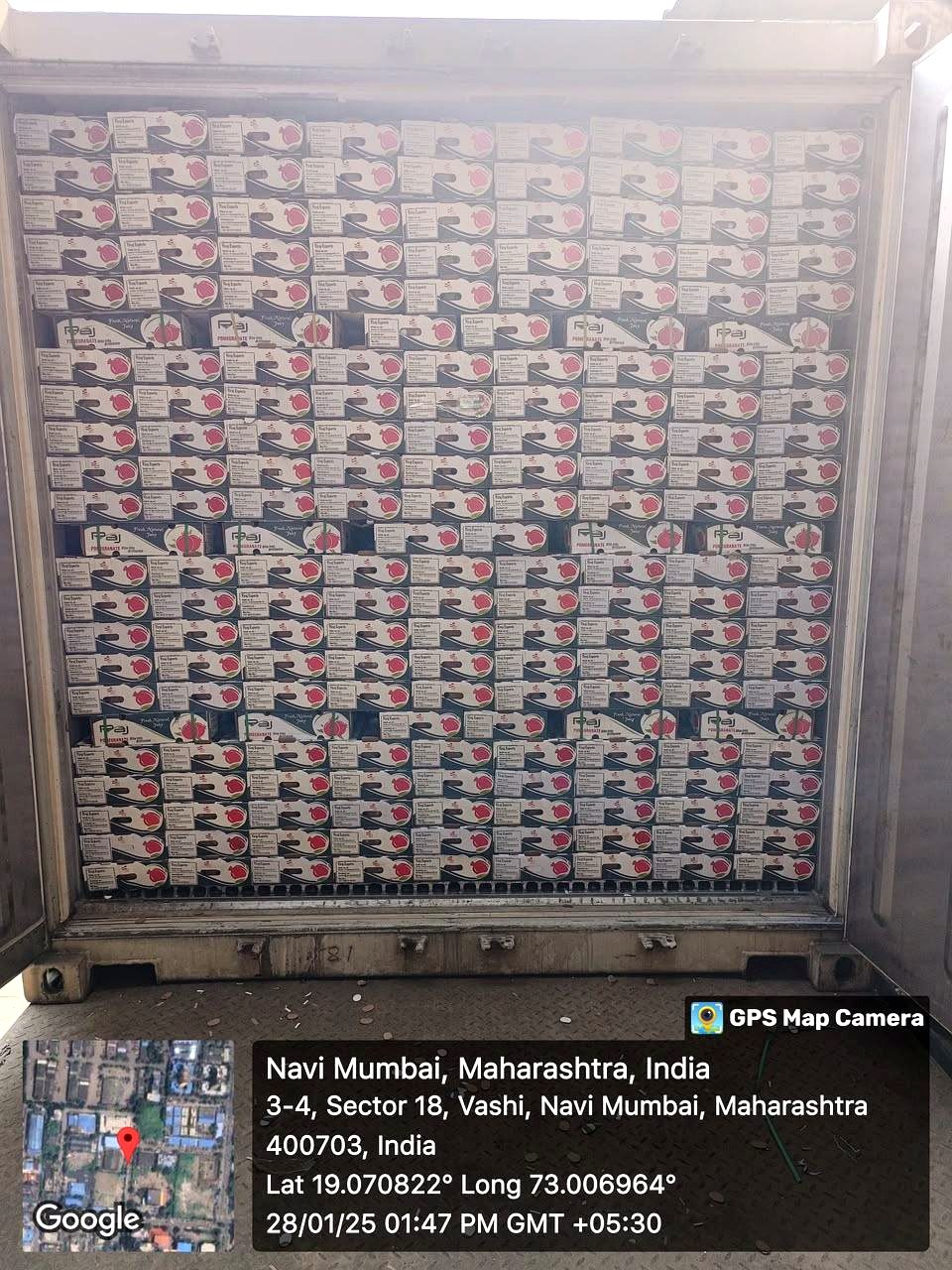 Reefer container loaded with pomegranate cartons, GPS verified at Navi Mumbai